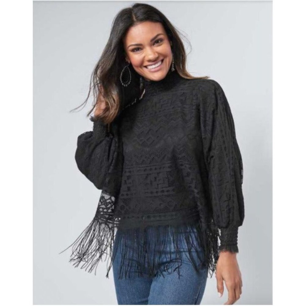 Venus black lace fringe top Size M with high neckline and long sleeves